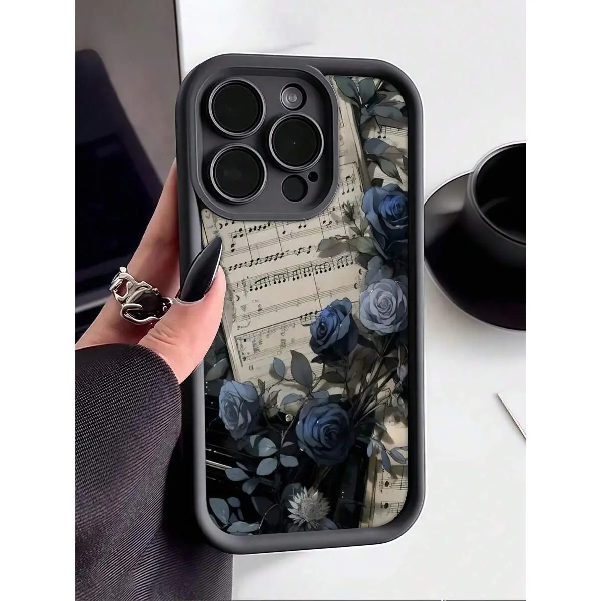 Dark Academia Blue Rose Sheet Music MagSafe Phone Case, Vintage Gothic Floral & Piano Notes Shockproof Protective Cover for iPhone 17/16/15/14/13/12/11/XS/XR/X/8/7/6S Mini/Plus/Pro/Pro Max/SE & Samsung Galaxy S25/S24/S23/S22 Ultra