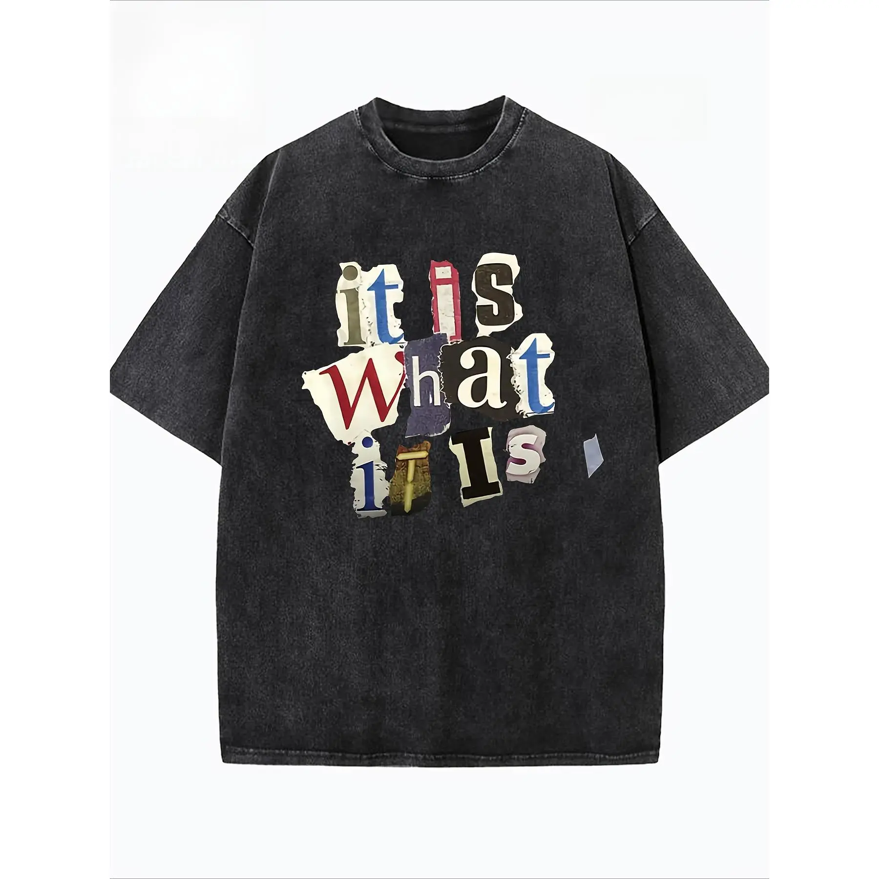 Graffiti Splicing Letters "IT IS WHAT IT IS" Printed Summer Loose Fit Short Sleeved Washed Vintage 230g Pure Cotton Comfortable Breathable Casual Street Round Neck T-shirt
