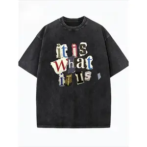 Graffiti Splicing Letters "IT IS WHAT IT IS" Printed Summer Loose Fit Short Sleeved Washed Vintage 230g Pure Cotton Comfortable Breathable Casual Street Round Neck T-shirt
