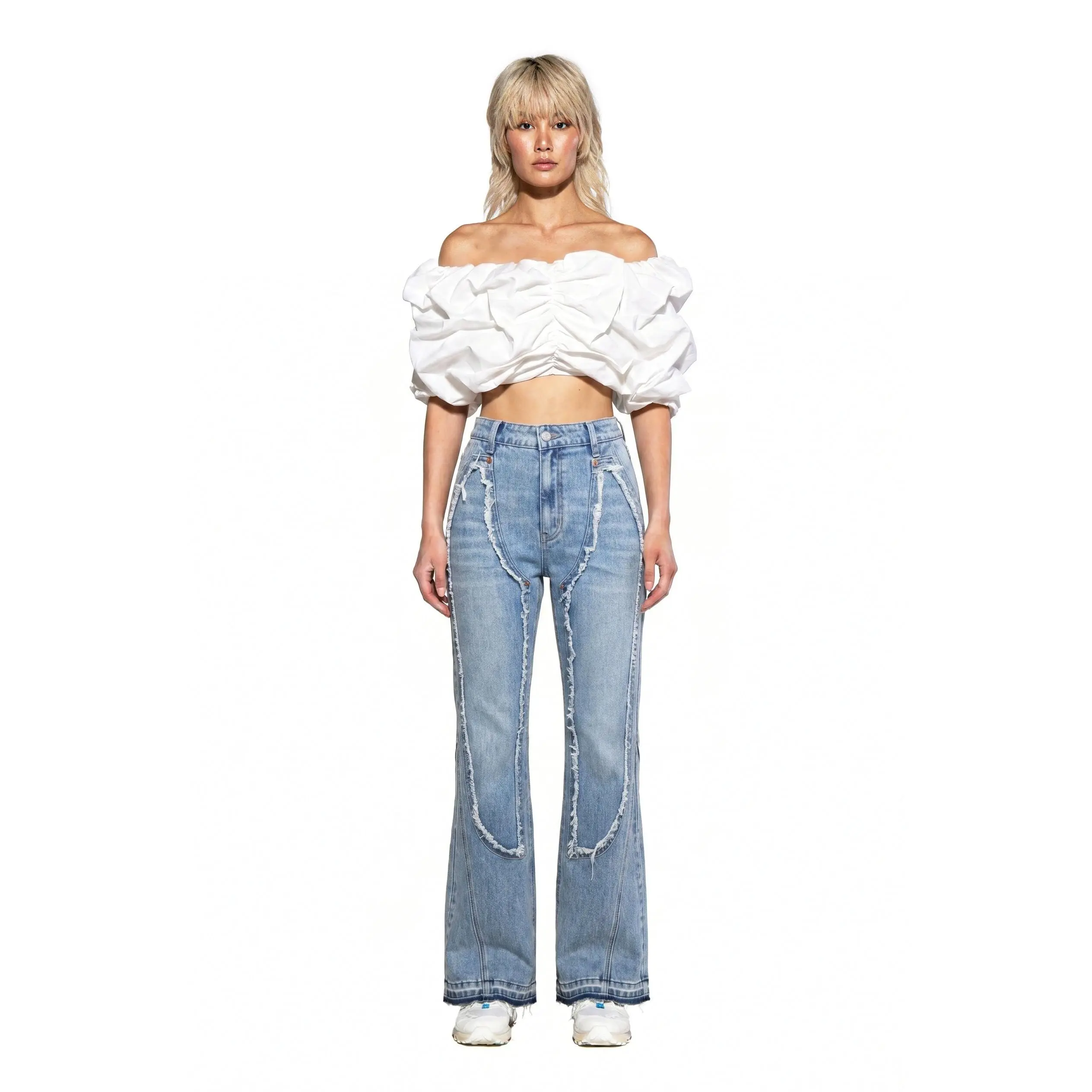 Ripped Curve-Panel Flare Jeans