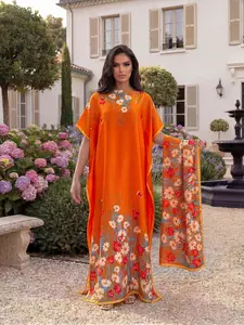 Women's Floral Pattern Robe Set, Casual Long Dress + Headscarf Scarf Hairband, Beach Sun Protection Satin Silk Shawl, Outfit