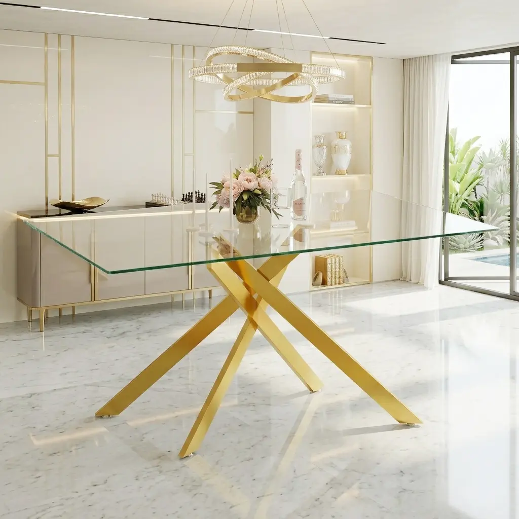 51.18" Rectangular Tempered Glass Dining Table, Chrome Plated Metal Legs for Living Room & Kitchen, Modern Aesthetic, Gold