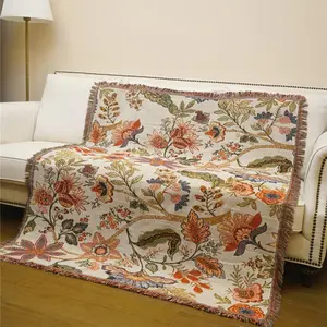 Floral Pattern Tassel Throw Blanket, Bohemian Style Woven Blanket, Soft Comfortable Throw Blanket for Home Sofa Bed, Home Decor