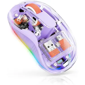 SQ-MUW006 Stunning Transparent Wireless Mouse, Dual Bluetooth & 2.4GHz for Multi Device, USB-C Receiver Ideal for MacBook/Laptops, Rechargeable, Cool LED, Silent, for Girls & Small Hands - Purple