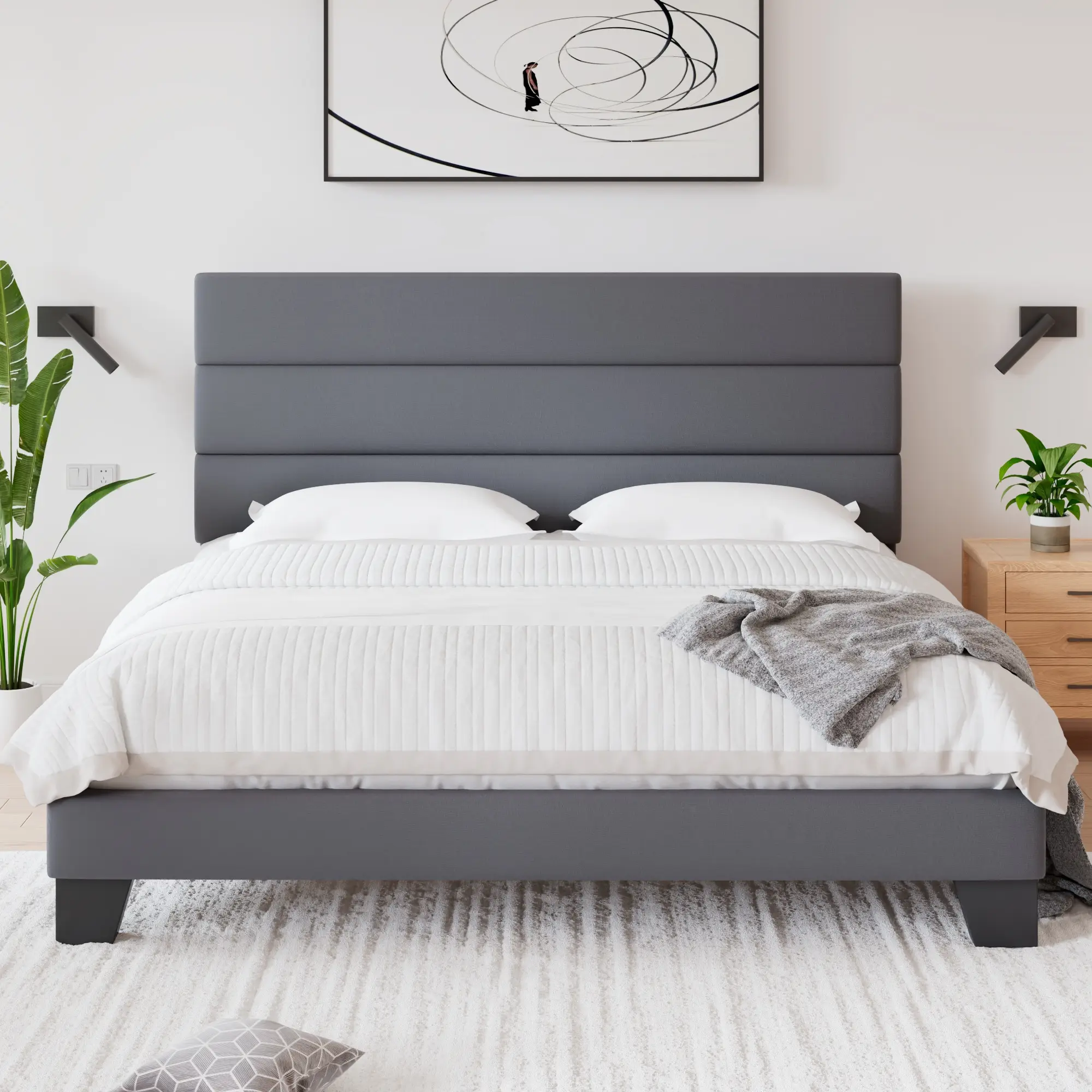 Allewie Full/Queen/King Velvet Upholstered Platform Bed Frame - 【Frame Only No Mattress】Padded Headboard with Wooden Slat Support in White/Beige/Navy