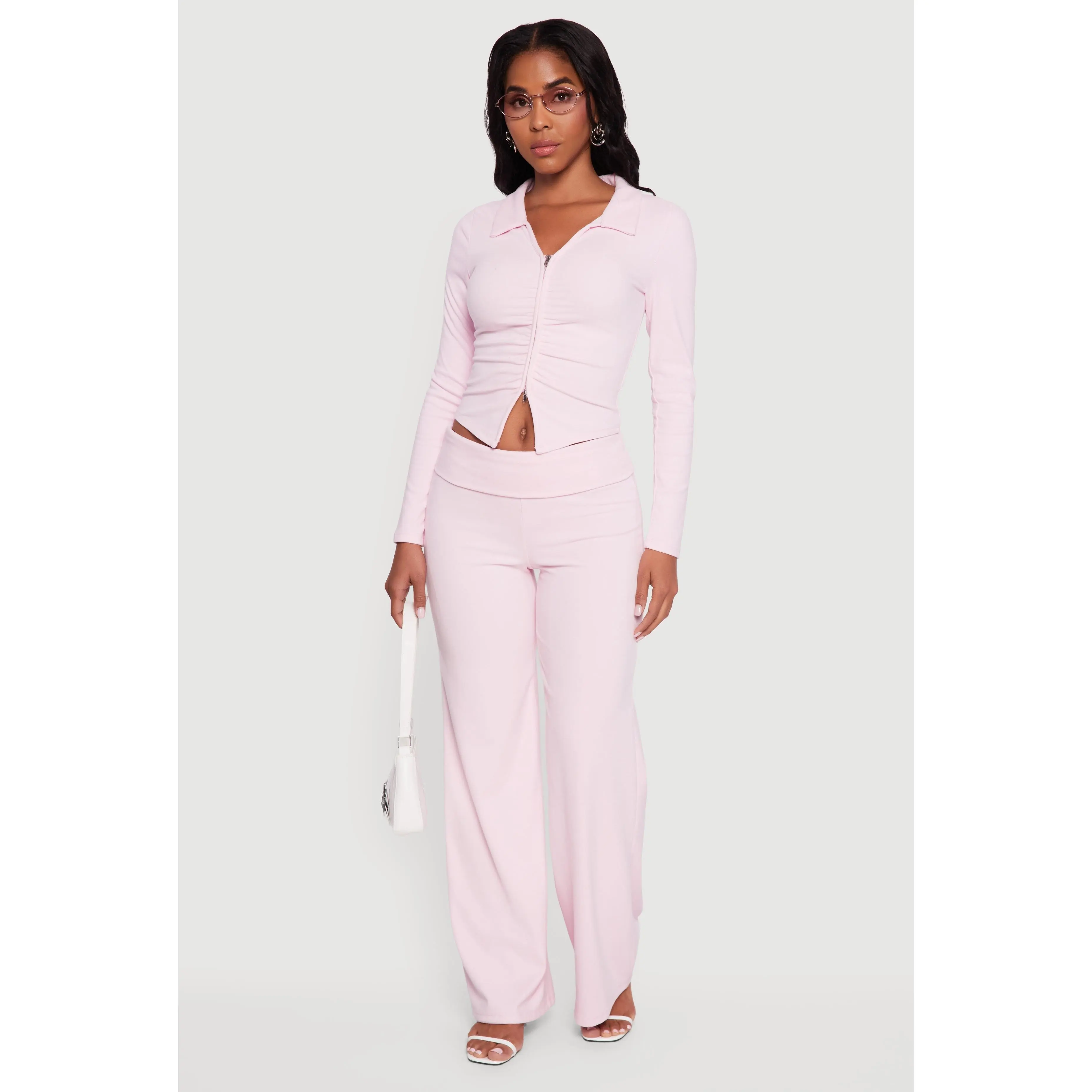 Brushed Ribbed Knit Fold Over Flare Pants