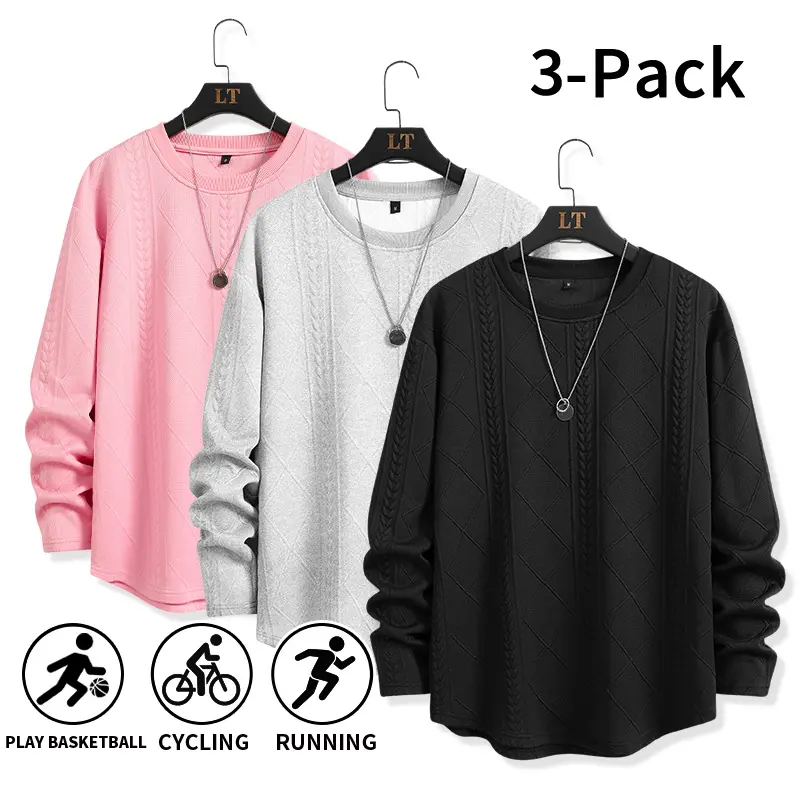 3 Pack TikTok Viral Men’s Long Sleeve Tops with 3D Jacquard Texture, Loose Crew Neck Stretch Knit Pullover Sweatshirts, Breathable & Lightweight Athletic Base Layers, Solid Shirts for Gym, Running, Cycling, Basketball, Daily Commute & Layered Outfits