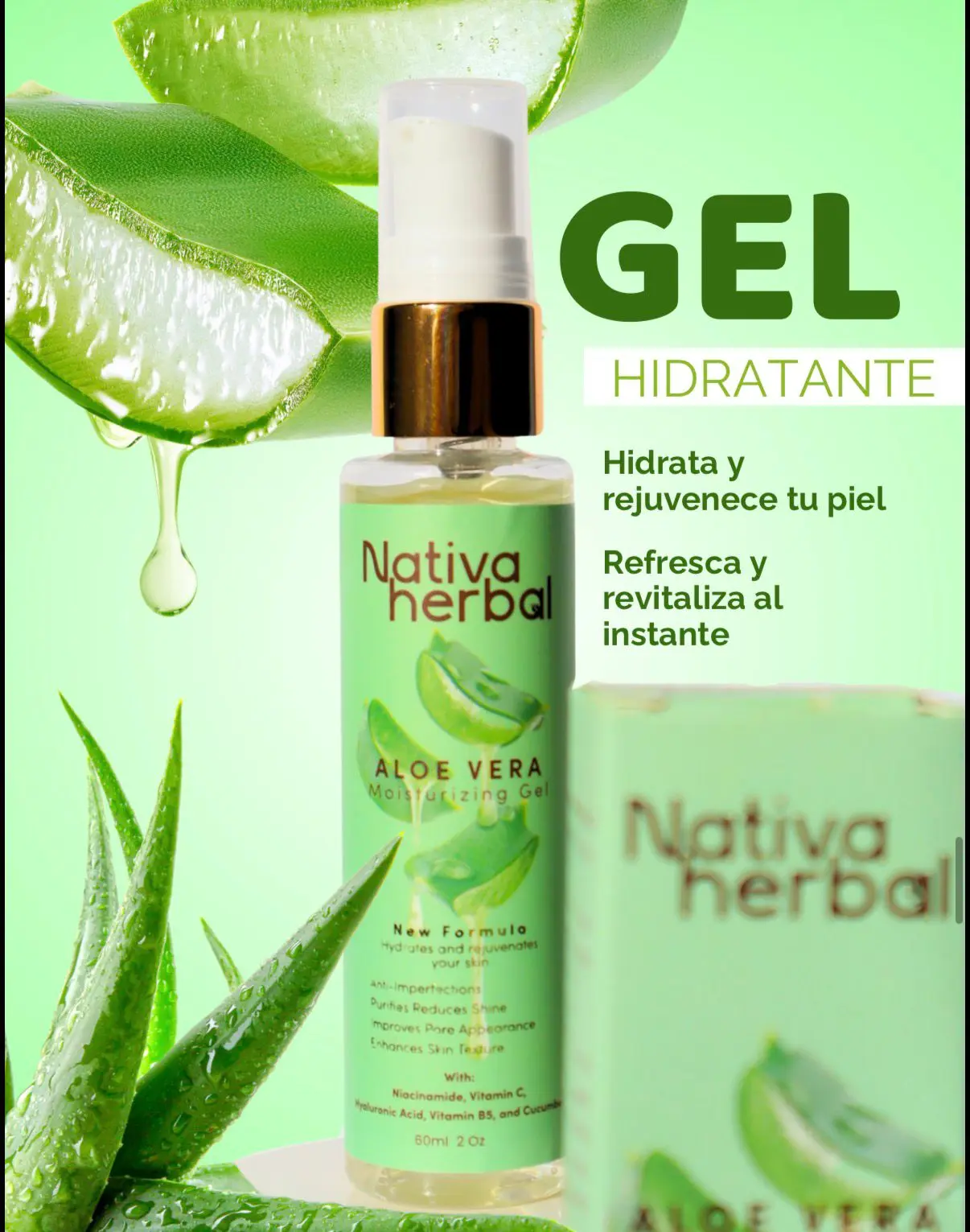 Nativa Herbal Aloe Vera Gel Hyaluronic Acid Hydrating Sensitive Skin  Moisturizer with Niacinamide Vitamin C & Cucumber 60ml Aloevera - TikTok  Shop
