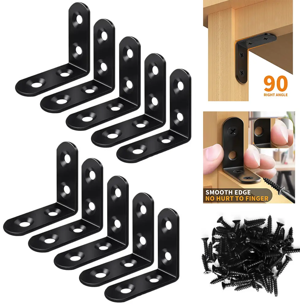 10 Pcs Upgraded Heavy Duty Thick Stainless Steel L-Bracket Corner Braces, German Patent 1.6x1.6in 90-Degree Joint Fasteners with 40 Pcs Screws, Easy Install Black Wood Furniture Supports for Bedframe, Cabinet, Upgraded Bracket