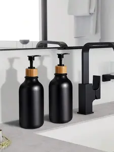 Black Soap Dispenser for Bathroom & Kitchen - 16oz Refillable Soap Dispenser Bottle with Bamboo Pump, Includes Lotion Dispenser Pump