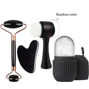 4-Piece Facial Beauty Cleansing Tool Set, Scratching Board Roller Massage Stick Ice Bag Mold Comb Soft Bristle Brush, Summer Face Massage Gift