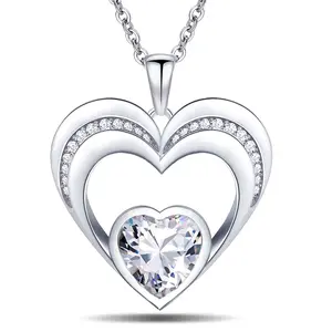 EMMA MANOR EM 14k White Gold-Plated Women's Double Love Heart Pendant Necklace with 5A Cubic Zirconia Gift Ready for Everyday Wear