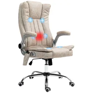 【GOOGREAT】HOMCOM High Back Vibration Massage Office Chair, Leathaire Heated Computer Chair with Flip-up Armrest, Swivel Wheels & Adjustable Height, Cream White