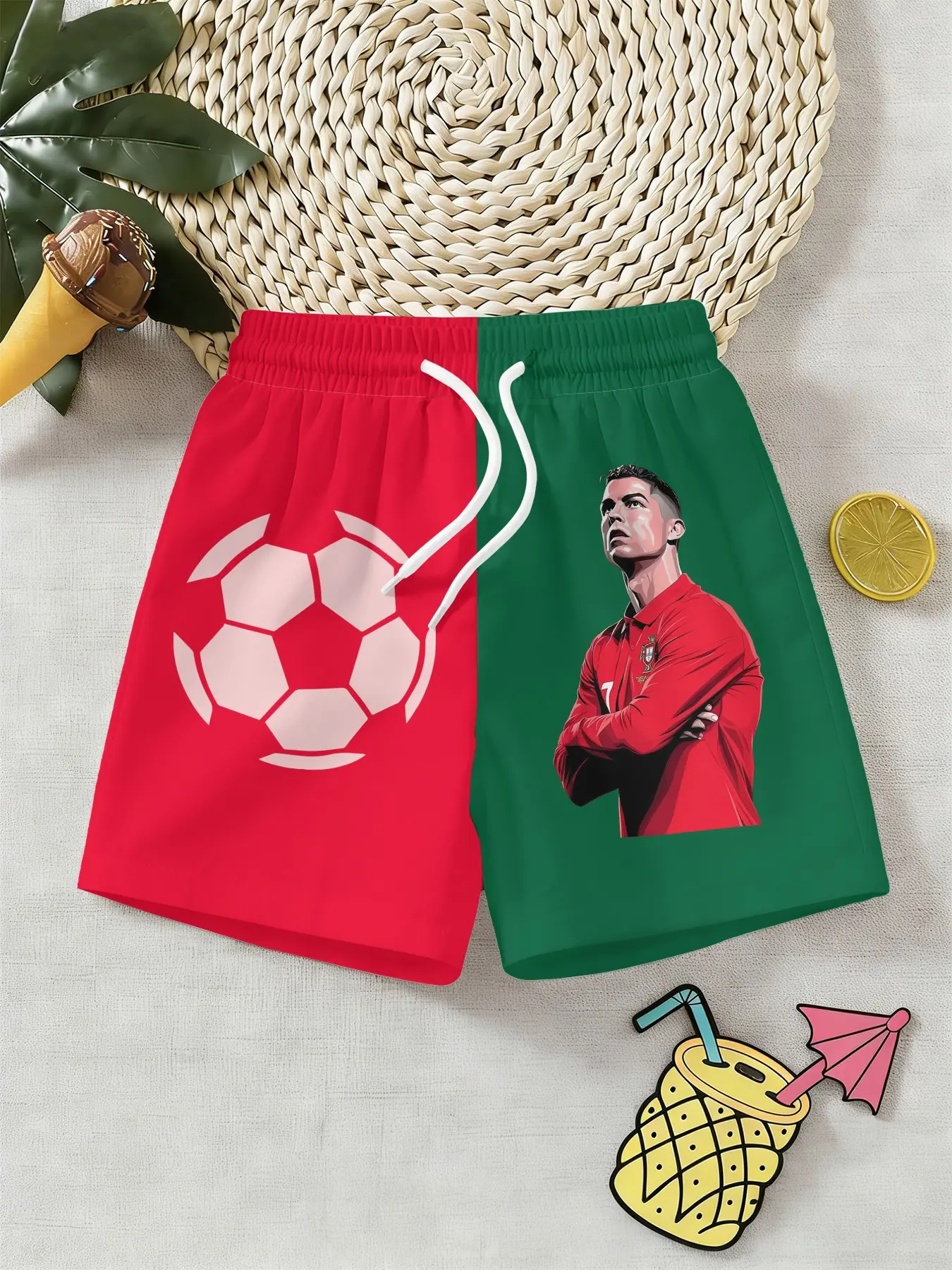Boys Colorblock 3D Football Shorts, Soccer Shorts, Youth Soccer Shorts, Summer Fashion Outdoor Sports Beach Pants, C Ronaldo Kids Breathable Comfortable Pants