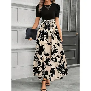Floral Print round Neck Dress, Elegant Short Sleeve Lace-up Waist A- line Ankle-Length Dress, Suitable for Spring and Summer, Women's Clothing