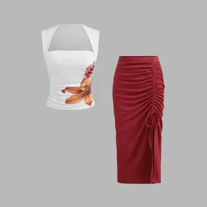 Cider [size 2-10] Cotton-blend Square Neck Floral Ruched Tank Top & Mid Rise Solid Drawstring Midi Skirt Set