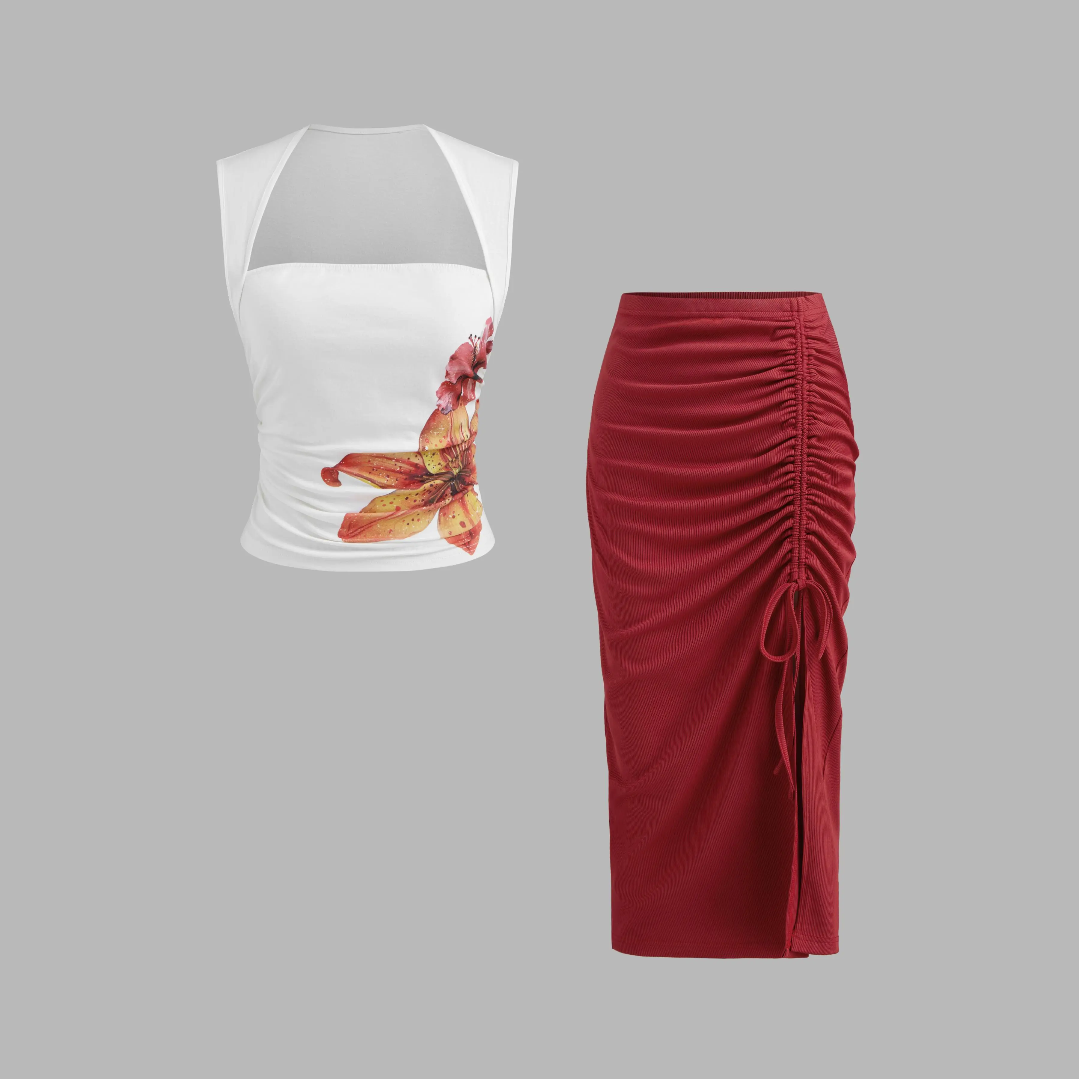 Cider [size 2-10] Cotton-blend Square Neck Floral Ruched Tank Top & Mid Rise Solid Drawstring Midi Skirt Set