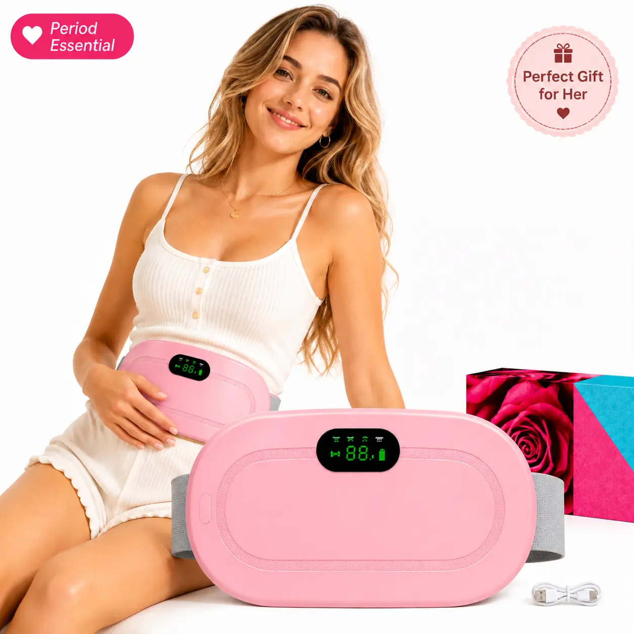 Women's Wireless Rechargeable Menstrual Heating Pad Belt PVC Vibration Massage Multiple Heat Levels Smart Uterus Warmer Cordless Waist Belt Abdominal Massager Period Cramps Relief Valentine's Christmas Gift for Girlfriend Wife Self Care