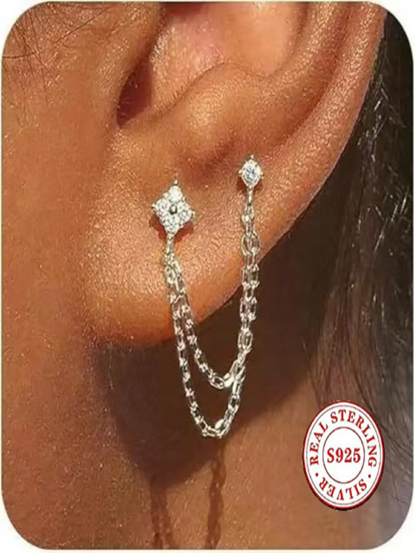 S925 Sterling Silver Double Piercing Connected Chain Earrings for Women, Hypoallergenic Cubic Zirconia Stud Earrings, Dainty Layered Chain Cartilage Earrings, Two Hole Chain Drop Earrings Minimalist Jewelry Gift, Earrings Studs