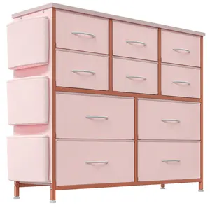 Dresser for Bedroom,Cloth Storage Tower with 10 Drawers, Chest of Drawers with Fabric Bins,Steel Frame,Wood Top for Bedroom, Kids Room,Closet,Pink