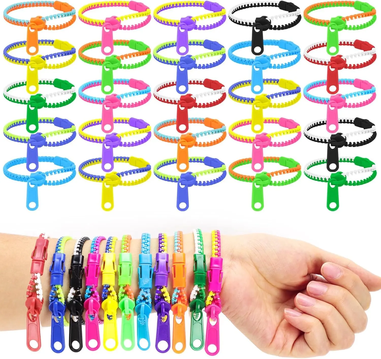 50 PCS Plastic Friendship Fidget Zipper Bracelets, 7.67-Inch Neon Sensory Bracelet Bulk Set, Party Toys for Birthday Gifts, Small Prizes