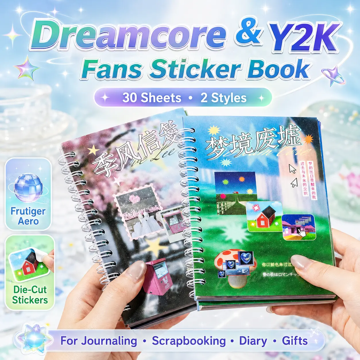 Dreamcore & Y2K Fans Sticker Book, 30 Sheets, Frutiger Aero Die-Cut Scrapbooking Diary Stickers, Journal Stickers & Gift Stickers, 2 Styles