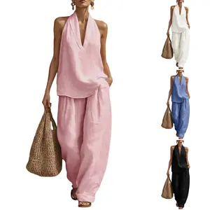 Yeokou Women Halter Deep V Neck 2 Piece Cotton Linen Set Sleeveless Top Wide Leg Pants Summer Lounge Outfit