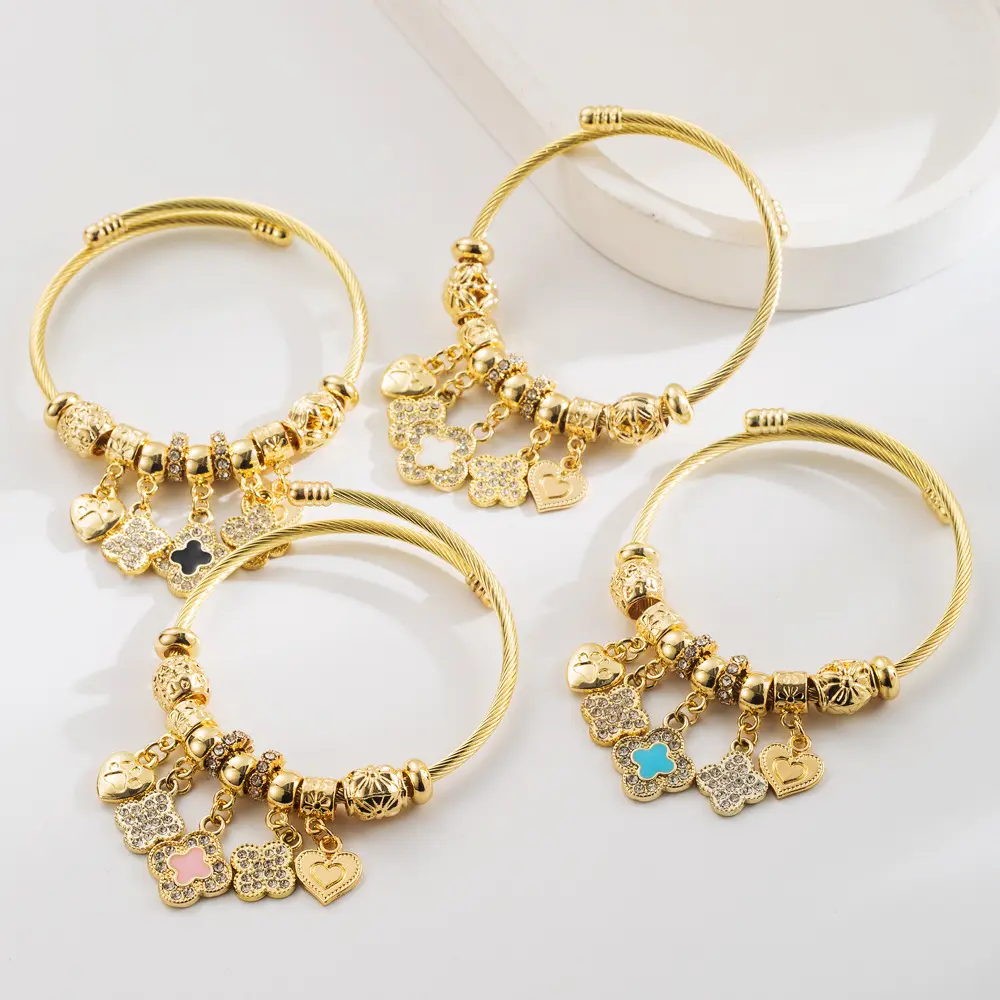 Cable Wire Dangle Charm Bracelet with Lucky Clover & Heart Pendants, Adjustable Stainless Steel Open Cuff Bangle, 18K Gold Plated Jewelry
