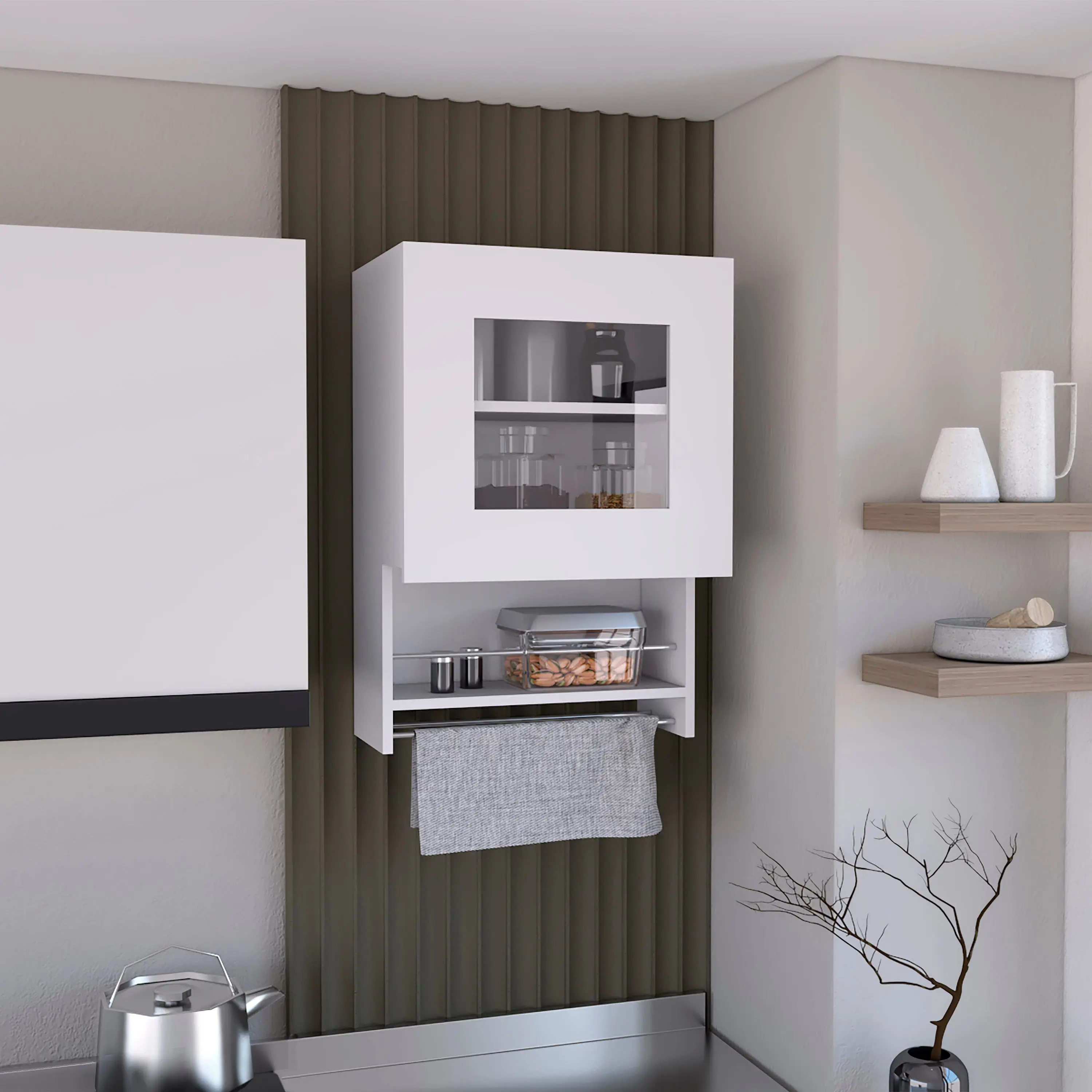 Dreamzon furniture Kitchen wall cabinet 29" H, with towel rack and spice rack, one door, two internal shelves, white