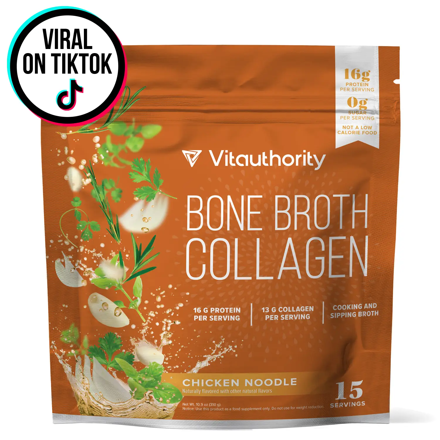 Vitauthority Bone Broth Collagen Supplement Delicious Chicken Noodle Flavored - 16g Protein & Types I II III - Nourishes Skin Hair Nails Joints Gut -