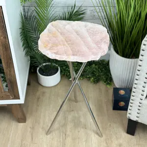 Natural Rose Quartz Side Table on Chrome Metal Base, 24.5" Tall #1341RQ-001
