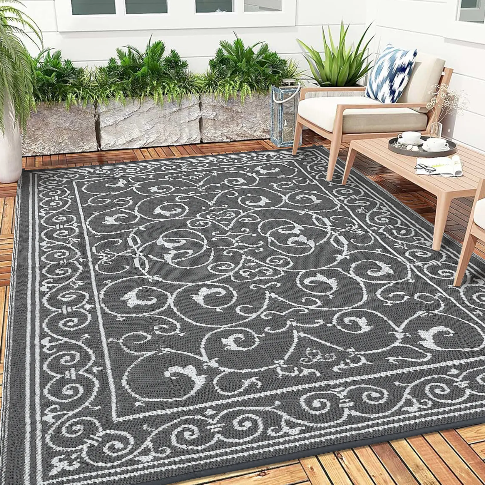Reversible Outdoor Rug - Modern UV Resistant Waterproof Plastic Patio Carpet - Easy to Clean Large Outside Mat for Garden, Lawn, Patio, Porch, Beach