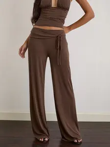 1 Piece 2026 TikTok Viral Women's Fold Over Waist Tie Wide Leg Pants, Spring Summer Brown High Waist Flowy Y2K Outfit, Cute Casual Lounge Pants for Women