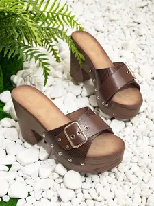 Summer New Women's Wedge Heel Thick Sole Sandals, Vintage Wood Grain Strap Metal Buckle Rivet Slippers, Comfortable Anti-Slip Platform Shoes, High Wedge Heels