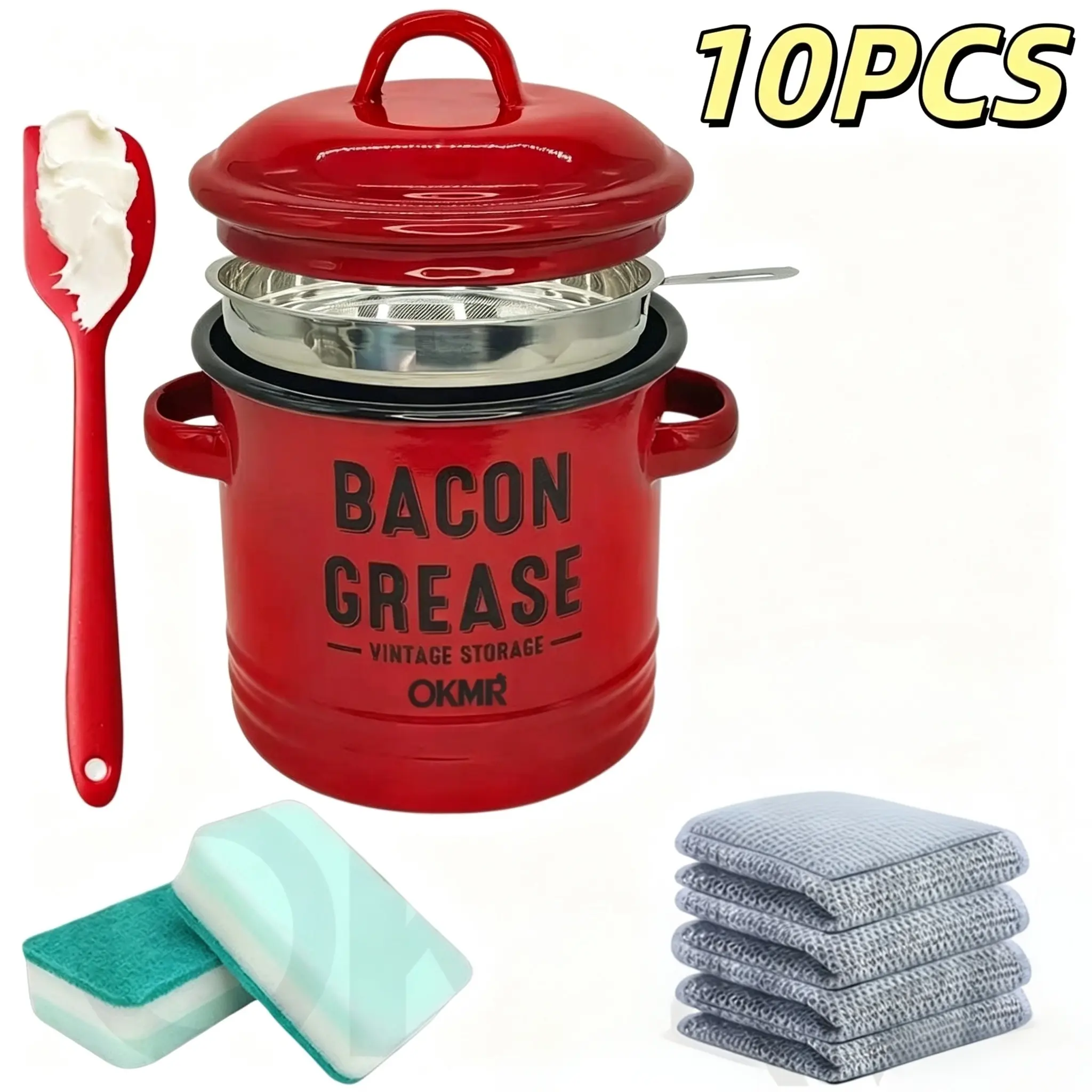 OKMR Vintage Oil-Storage Bacon Grease Storage Set - 10PCS Kitchen Preserving Containers with Airtight Seal, Leak-Proof Red Enamel Pot with Lid, Stainless Steel Strainer, Red Spoon, Sponge, Cloth