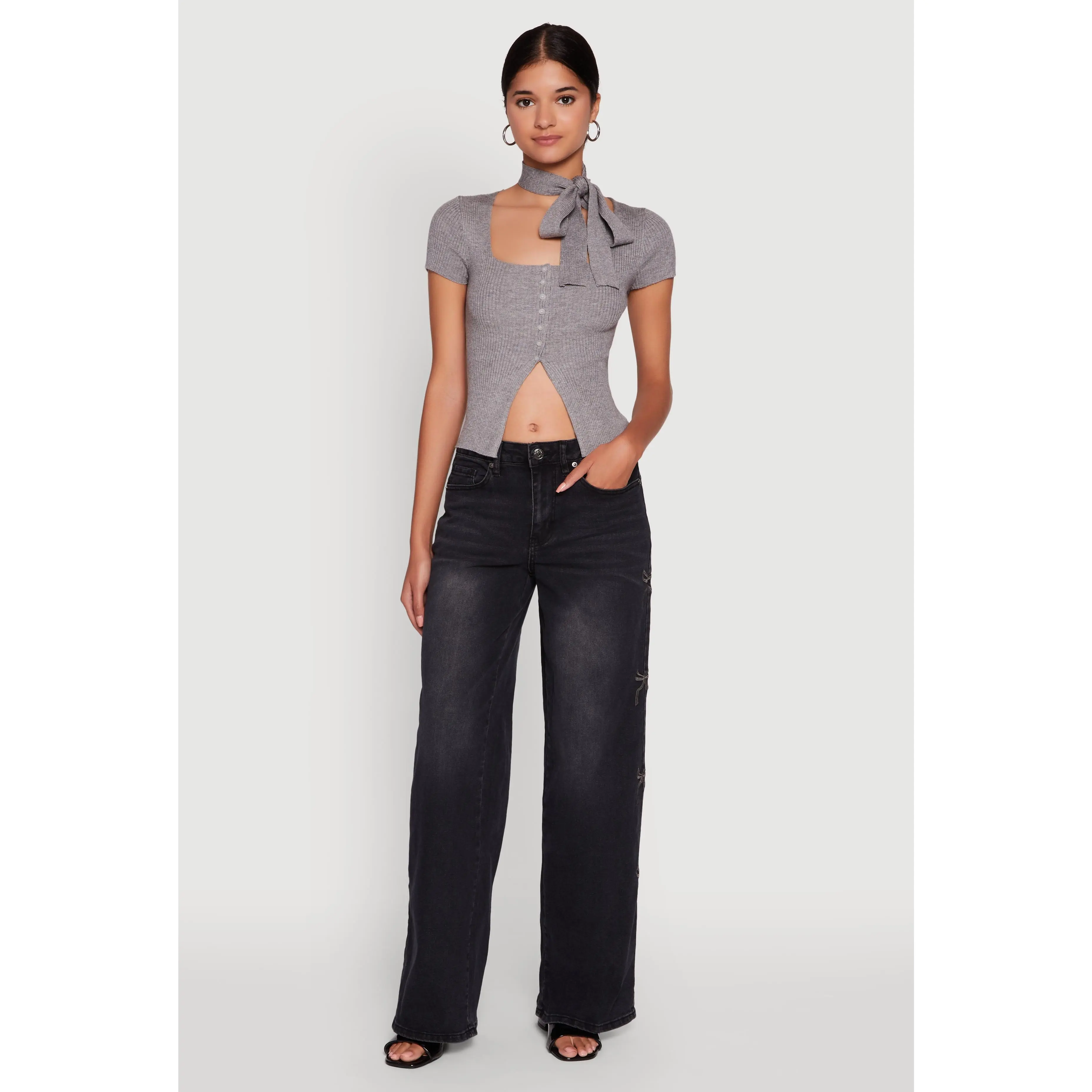 Mineral Wash Embroidered Bow Side Jeans