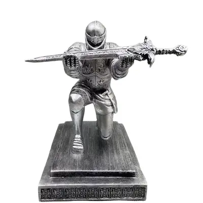 Medieval Armored Warrior Wearing Outerwear Mobile Phone Stand Knight Pen Holder Desk Organizers Resin Bookends Paperweight With A Letter Opener For Desk Black