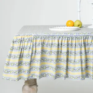 Provence Ruffled Blockprint Tablecloth in Butter Yellow