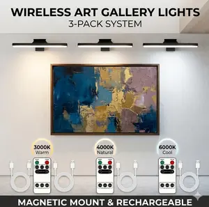 Wireless LED Picture Lights (3-Pack), Rechargeable Battery Operated Wall Sconce with Remote, 3 Color Temperatures & Dimmable Art Light for Gallery, Painting, Frame & Dartboard, Black