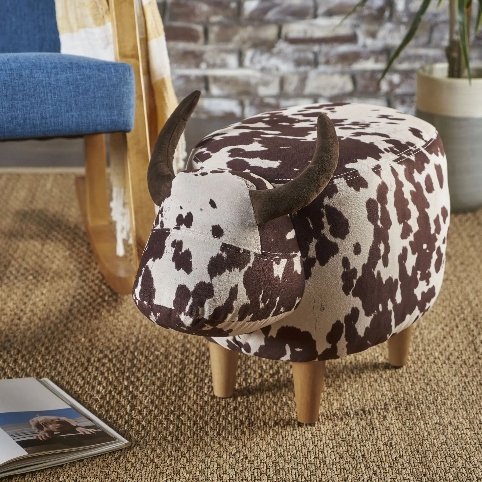 Dreamzon Furniture Brown and White Velvet Cow-Form Ottoman - Cute, Adorable Cow-Design Indoor Accent Piece for Children’s Playrooms, Stylish Living Spaces
