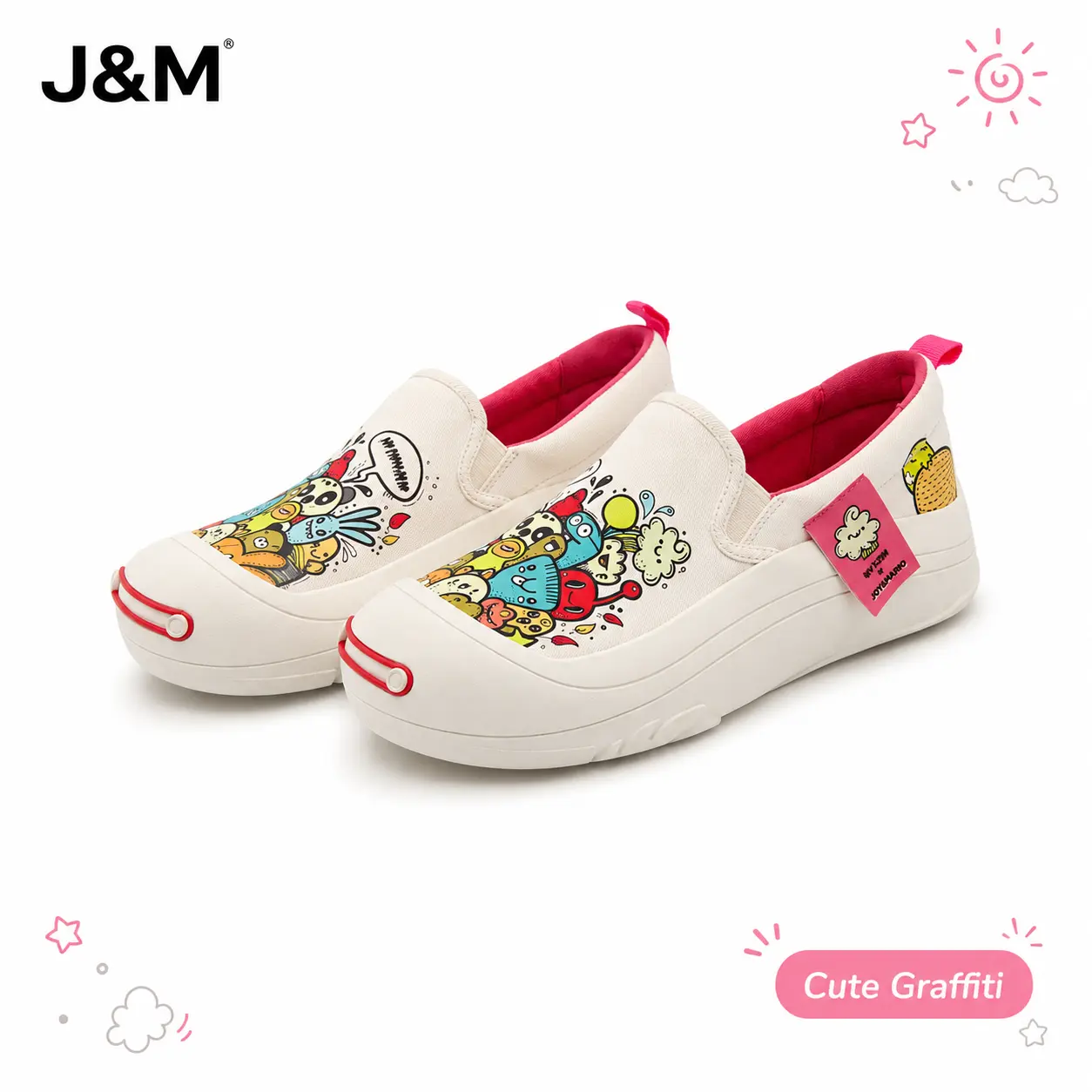 J&M Joy&Mario Women Cute Graffiti Canvas Slip On Shoes, Thick Platform Non Slip Casual Walking Sneakers Daily Outdoor