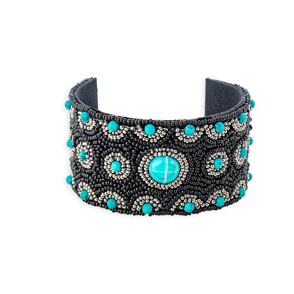 Adult Corsikka Beaded Cuff Bracelet - Ebony Accent, Cotton Fabric Lining, 2.5in Ceramic Bead, 2.5in Diameter, Edgy Jade Jewelry Accessory, Iron Metal Component, Keep It Dry Storage Bag, Adults, 2.5 Inches
