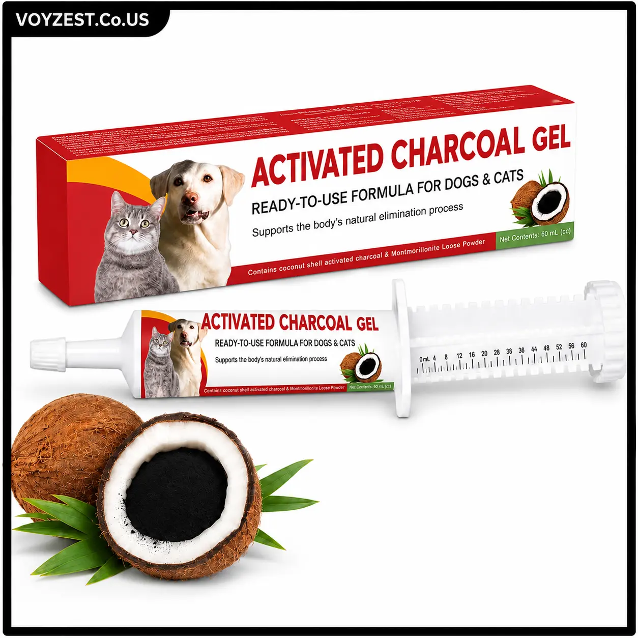 Activated Charcoal Gel for Dogs & Cats, 60ml Ready-to-Use Pet Emergency Toxin Absorption First Aid Supplement, Natural Coconut Shell Charcoal Supports Digestive Comfort & Toxin Elimination for Accidental Food Ingestion (Not a Medication)