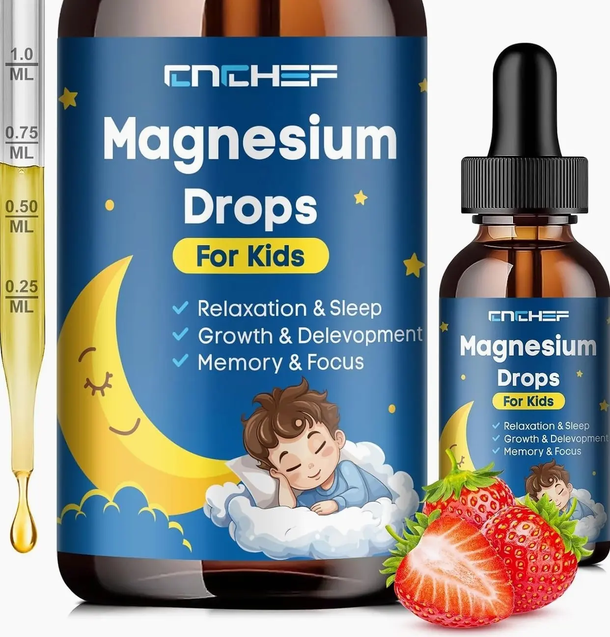 Magnesium Drops - Magnesium Glycinate Liquid Drops for Kids - Calm, Sleep, Relaxation, Bones, Brain Support with Vitamin B6, C, D3, Omega-3, L-Theanine, Zinc, Multivitamins - Strawberry Flavor 2 Fl Oz