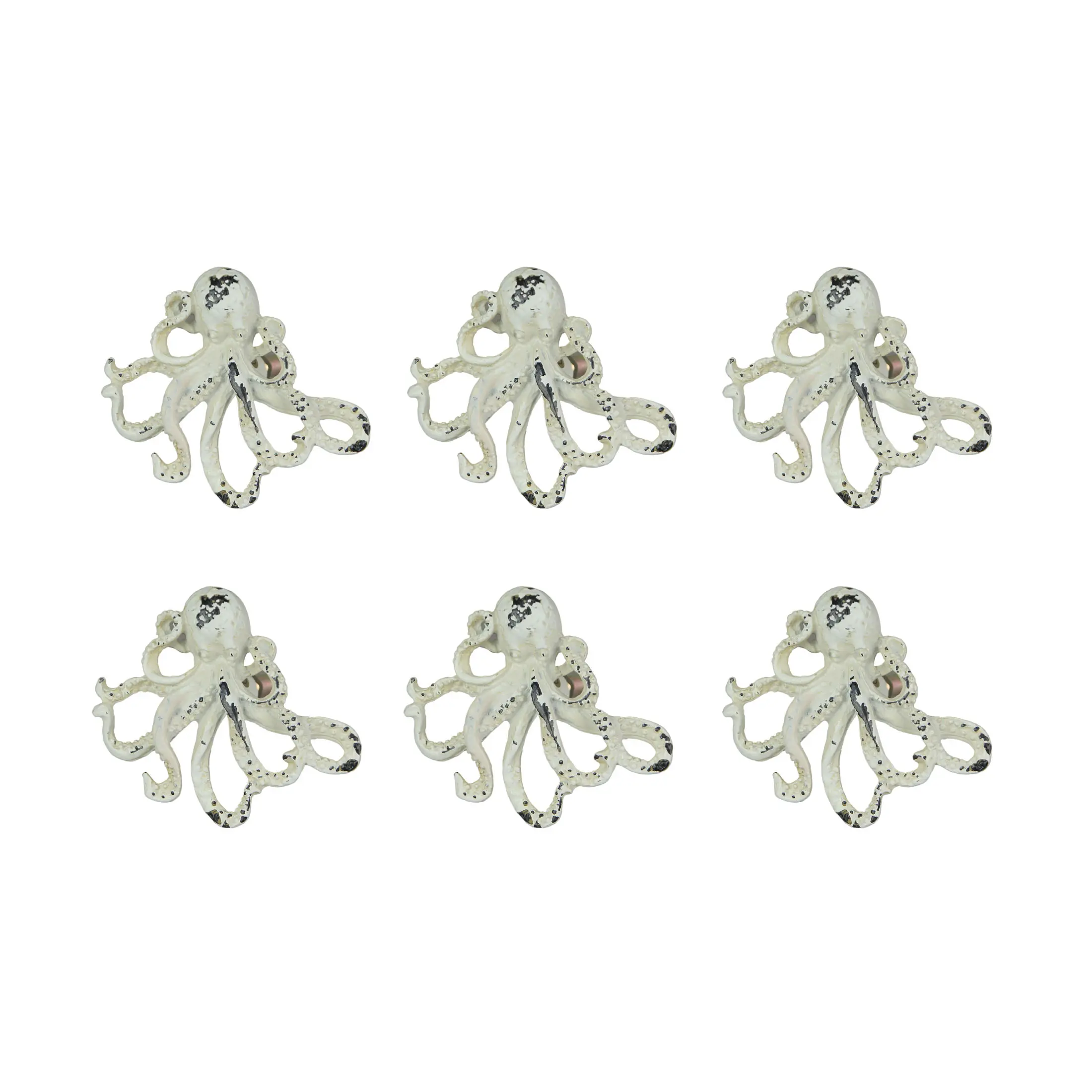 Set of 6 Distressed Finish Coastal White Cast Iron Octopus Drawer Pulls Cabinet Knobs