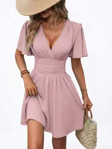 Women's V Neck Sleeveless Ruched Waist Mini Dress, Summer Breathable Slimming Design, Casual Fashion Style for Daily Wear