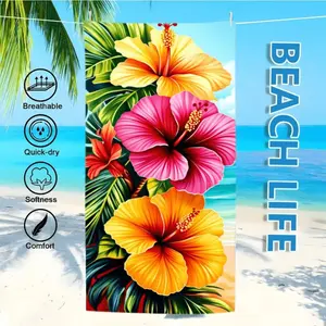 1pc a Beach Towel Featuring Bright Tropical Hibiscus Flowers in Two Shades of Yellow And One Pink, Along with Green Leaves Set Against a Light Blue Backdrop.