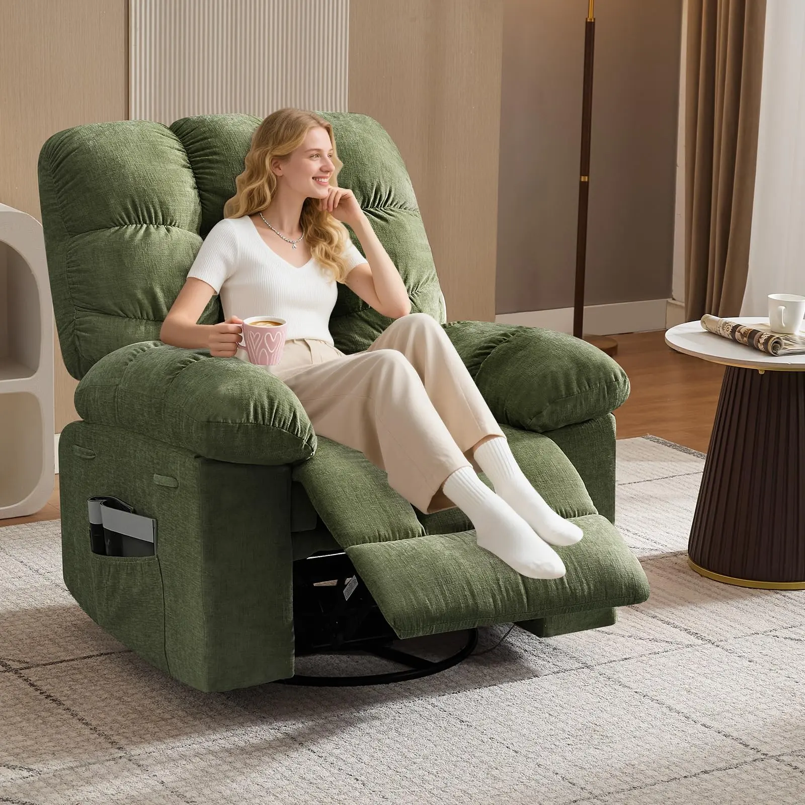 Rocking Recliner Chair,Massage Rocker Recliner Chair with Vibration Massage and Heat,360°Swivel Recliner Chairs,Oversized Rocker Recliner Single Sofa with Side Pocket,Living Room,Bedroom,Nursery,Green