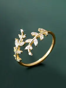 Women's Elegant Rhinestone Decorated Leaf Design Cuff Copper Ring, Jewelry Open Ring, Exquisite Trendy Ring, Fashionable Jewelry for Women As Gift
