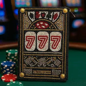 777 Slot Machine Beaded Clutch Purse, Zipper Mini Evening Bag, Casino Night / Vegas Girls Trip / Bachelorette Party Accessory, Black Beaded Statement Pouch